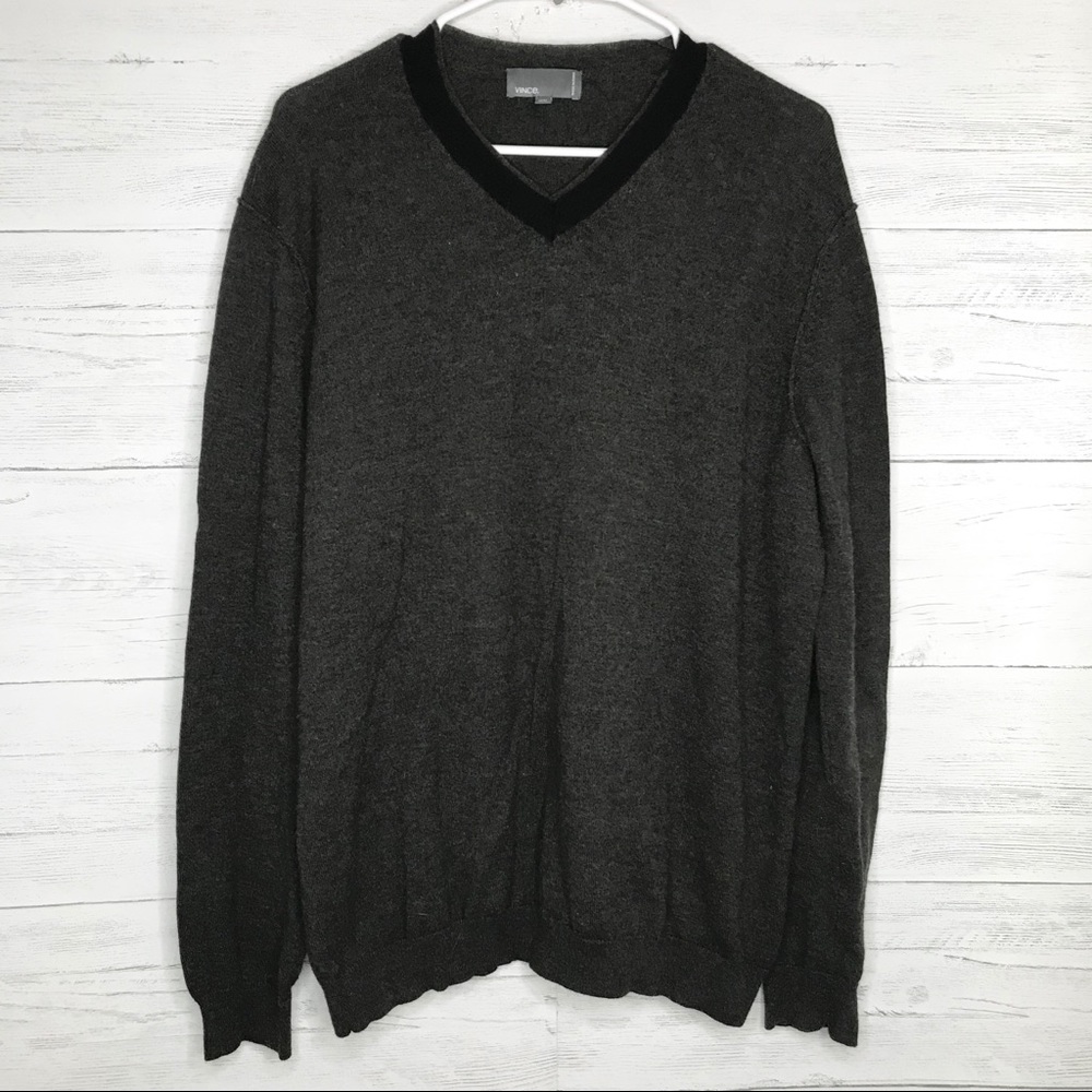 Vince Men’s Dark Brown Black V Neck Wool Sweater